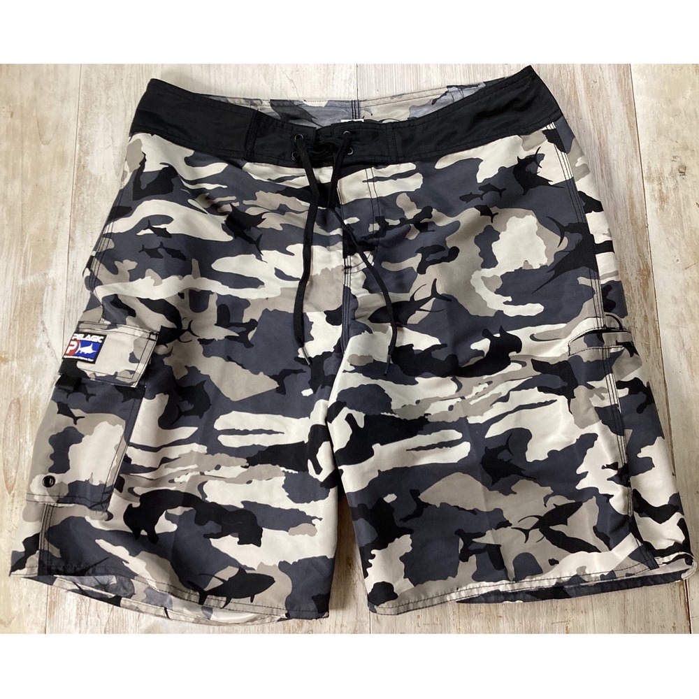 Pelagic Mens Fish Camo Board Shorts Gray Black Fishing Cargo Style 222 Size 34
